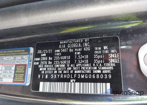 2021 Kia Sorento Ex из США, поврежденный, VIN 5XYRHDLF3MG068039